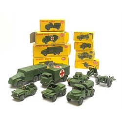 Dinky - eight military vehicles comprising 7.2 Howitzer No.693, Armoured Command Vehicle No.677, Military Ambulance No.626, Armoured Car No.670, 25-Pounder Field Gun No.686, Austin Champ No.674, Army Water Tanker No.643 and Scout Car No.673, all boxed (8)