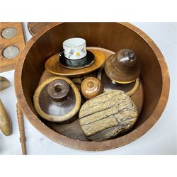 Oak barley twist candle stand, H55cm, double lidded canteen tray with brass handle, and other treen objects etc including turned wood, tealight candle holder, trays, spinning tops etc