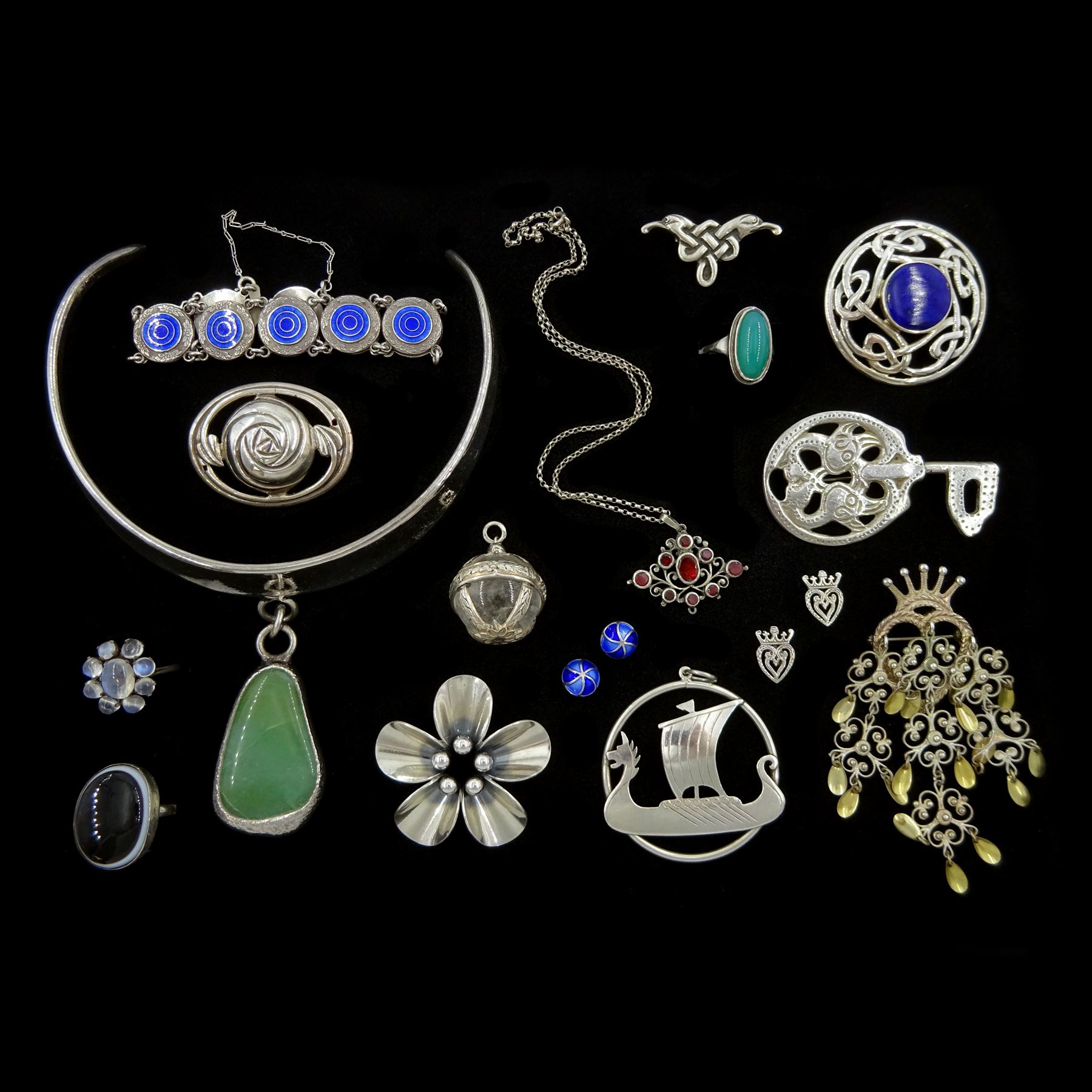 Silver and stone set silver jewellery including Norwegian Solje brooch by Ivar Holth, blue enamel circular bracelet, moonstone flowerhead cluster ring, silver flower brooch by Hugo Grun, rock crystal 'pool of light' pendant, silver Viking replica brooch and enamel stud earrings, both by David Andersen, rings and brooches and a white metal and hardstone collar necklace designed by Jacob Hill for Buch & Deichmann