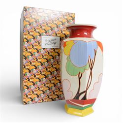 Wedgwood Bizarre by Clarice Cliff, large  hexagonal vase, Blue Autumn, hand painted based upon an original, limited edition 22/100, with certificate and box, H50cm 