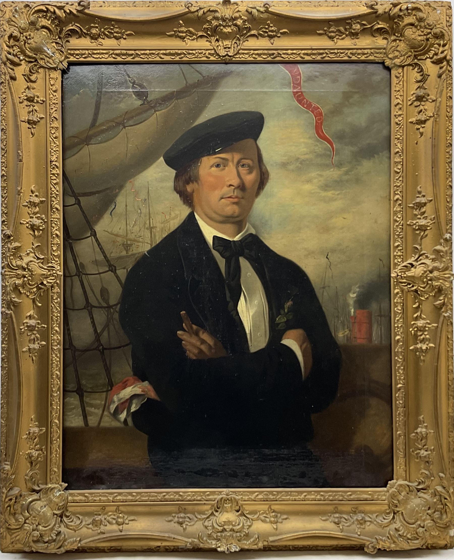 Thomas Joseph Banks (British 1828-1896): Sea Captain and his Wife - half length portraits, pair oils on canvas signed and one dated 1860, 90cm x 70cm (2) 
Notes: the ensign flying above the Captain's head appears to read Endaunted but may refer to the famous 'Undaunted' which was broken up in 1860