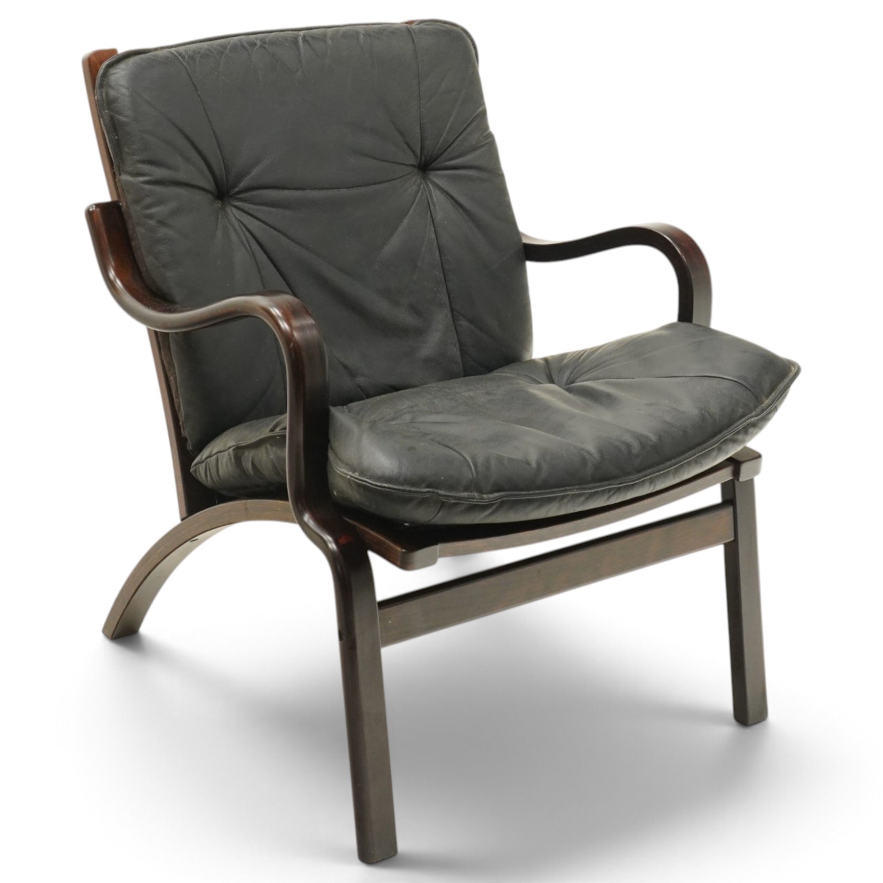 Mid-20th century Danish stained bentwood framed easy armchair, slatted back over shaped arms, mesh seat and rear-splayed supports, with black leather-upholstered loose back and seat cushions 