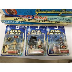 Group of three sealed Hasbro Star Wars figures, together with various vintage games to include Subbuteo Table Rugby International Edition, Soccerama, Waddington's Spy Ring, Battle of the Little Big Horn, On the Buses, The Gillette Cup etc