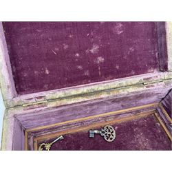 20th century box, decorated in faux leather with the royal coat of arms and GR 1719 to hinged cover, with fleur-de-lis, lion, crown and rose motifs throughout and studs to all edges, opening to reveal a purple velvet interior containing three removable wooden trays, H18.5cm