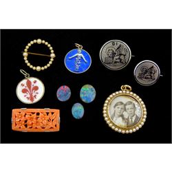 White gold coral brooch, with carved flower decoration stamped 9ct, gold circular pearl photograph pendant and a pearl circular brooch, both stamped 15ct, two silver brooches, three loose black opal slices backed onto wood and two gilt pendants