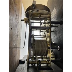 G Fortier of Sittingborn - Early 19th century 8-day mahogany longcase clock c1825, with a break arch pediment and hood door flanked by reeded pilasters with brass capitals, plain case with a long trunk door with a conforming break arch top, plinth with applied skirting, painted dial with upright Arabic numerals, date  and seconds dials, floral spandrels and a rural depiction of a country house and river to the arch, replacement steel hands with brass pointers to the calendar and seconds dials, dial pinned directly to a rack striking movement. With weights, pendulum and winding key.