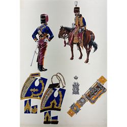 20th century school - watercolour drawing of the uniforms of Prince Albert's Own Hussars, monogrammed C.F.R., on card, 54 x 38cm, unframed