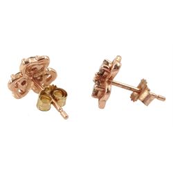 Pair of 10ct rose gold round brilliant cut diamond three leaf clover stud earrings, stamped 10K