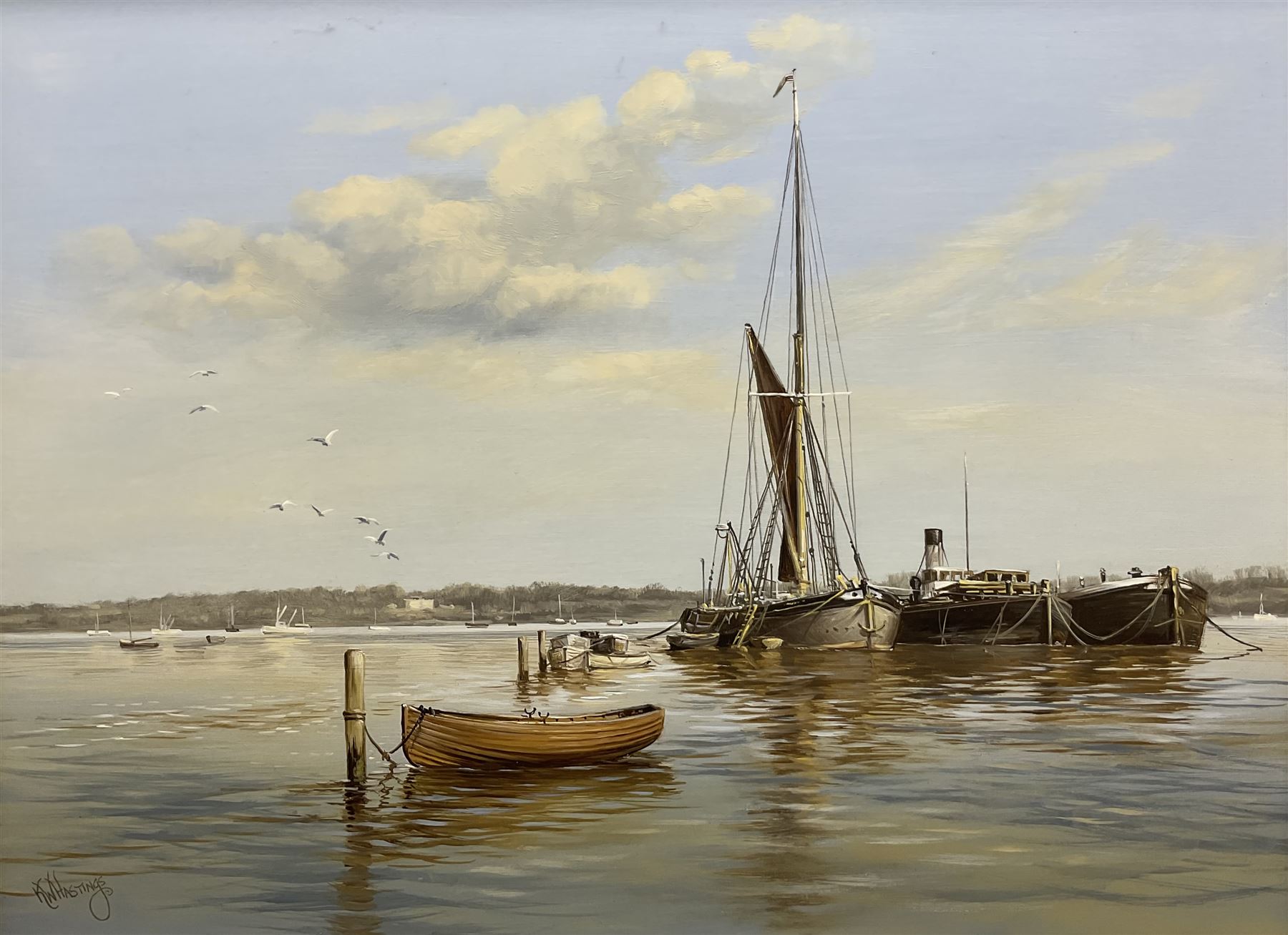 Keith W Hastings (British 1948-): 'Boats and Barges', oil on board signed, titled verso 29cm x 39cm 