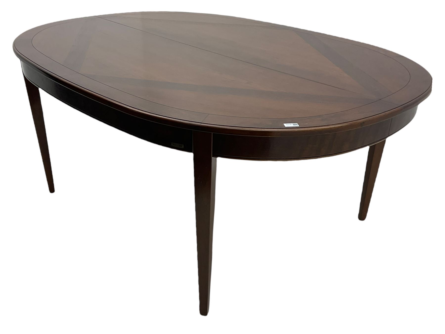 Grange Furniture - cherry wood finish oval extending dining table on square tapering supports, and a set of eight dining chairs with curved backs and upholstered seats 