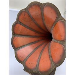 A wind up gramophone with red painted tin plate horn, upon a mahogany base, overall H71cm.