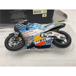 Two Minichamps limited edition Valentino Rossi Collection 1:12 scale die-cast motorcycles - Honda NSR500 Valentino Rossi Team Nastro Azzurro GP Donington 2000 with rider; and Honda NSR500 Valentino Rossi Team Azzurro GP Mugello 2001 Dirty Version; both boxed (2)