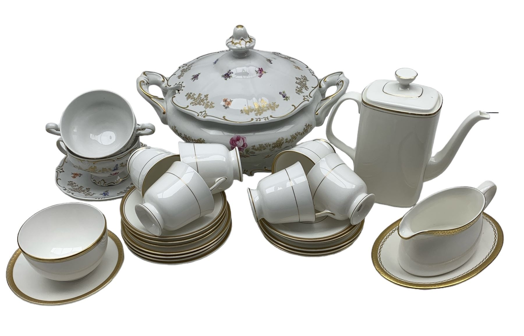 Set of six Royal Worcester Viceroy pattern trios and sugar bowl, matching Royal Doulton Gold Concord coffee pot, Royal Gold saucer and a Royal Crown Derby Tiepolo sauceboat and stand,  large German porcelain tureen and a pair of soup bowls and stands and a black painted spelter model of a Horse on oval base, After Jules Moigniez, inscribed signature H21cm 