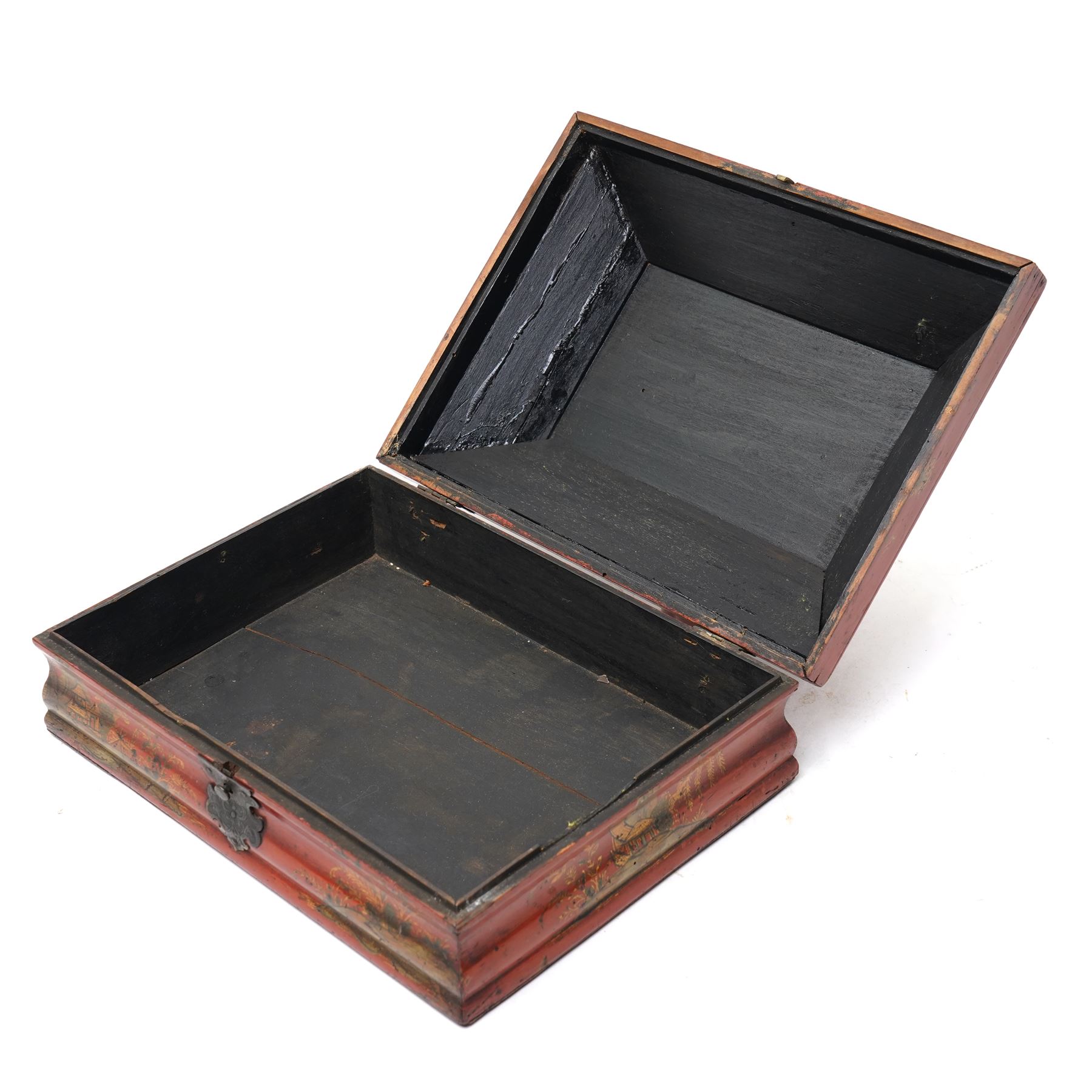 Early 19th century red lacquered chinoiserie box, painted with a traditional landscape scene and heightened in gilt, with original metal fastenings and hinges, W29cm 