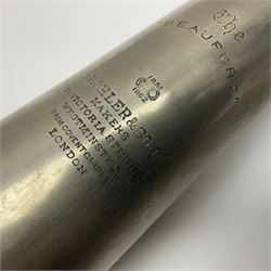 19th century telescopic hunting horn, the bell engraved 'The Beaufort', with makers mark Kohler & Son, makers, 61 Victoria Street, Westminster (from Covent garden) London, in a leather sheath, horn full extended L91cm 