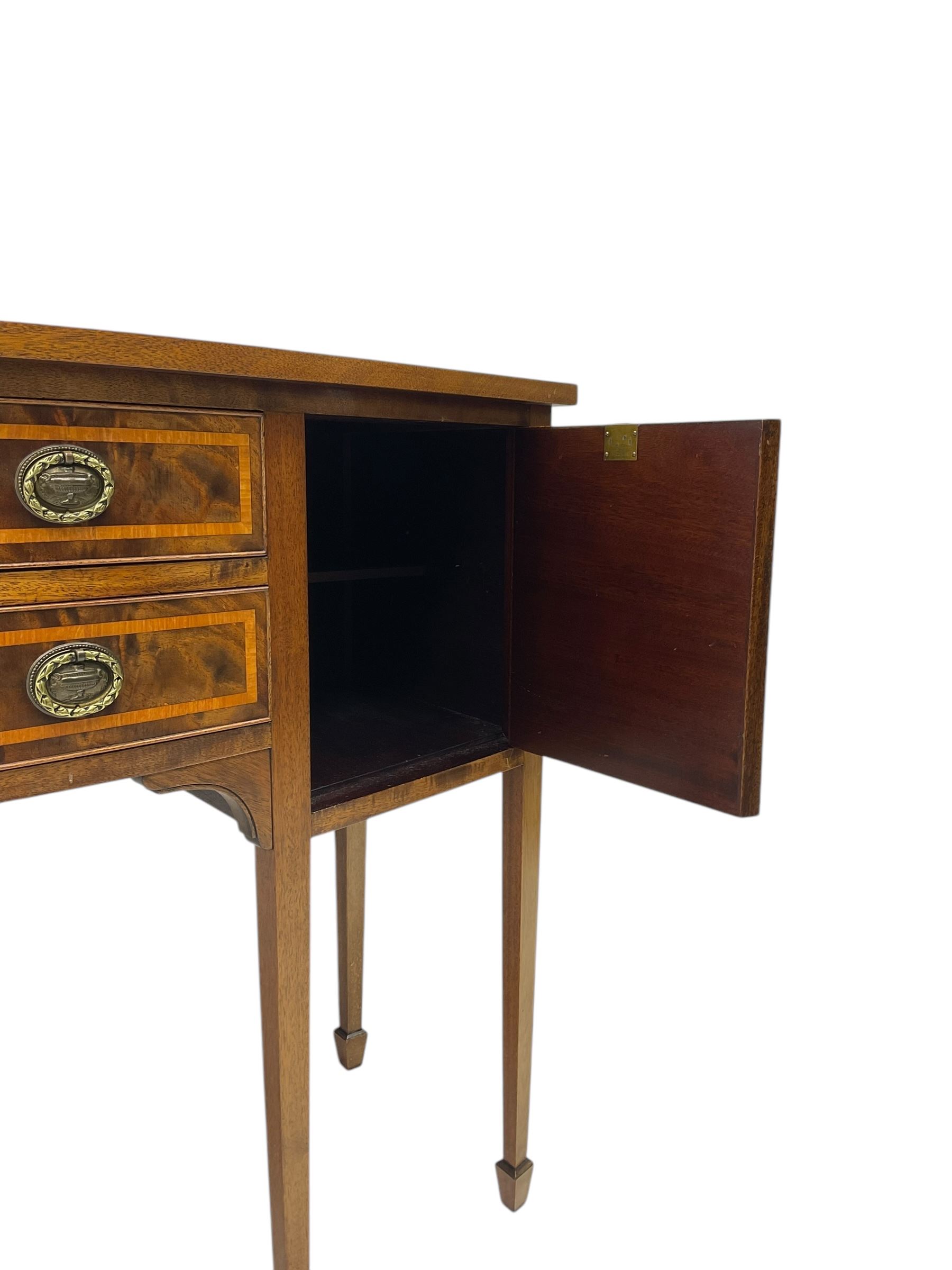 Georgian design mahogany and satinwood banded bow-front sideboard, fitted with two drawers and flanking cupboards, on square tapering supports with spade feet 