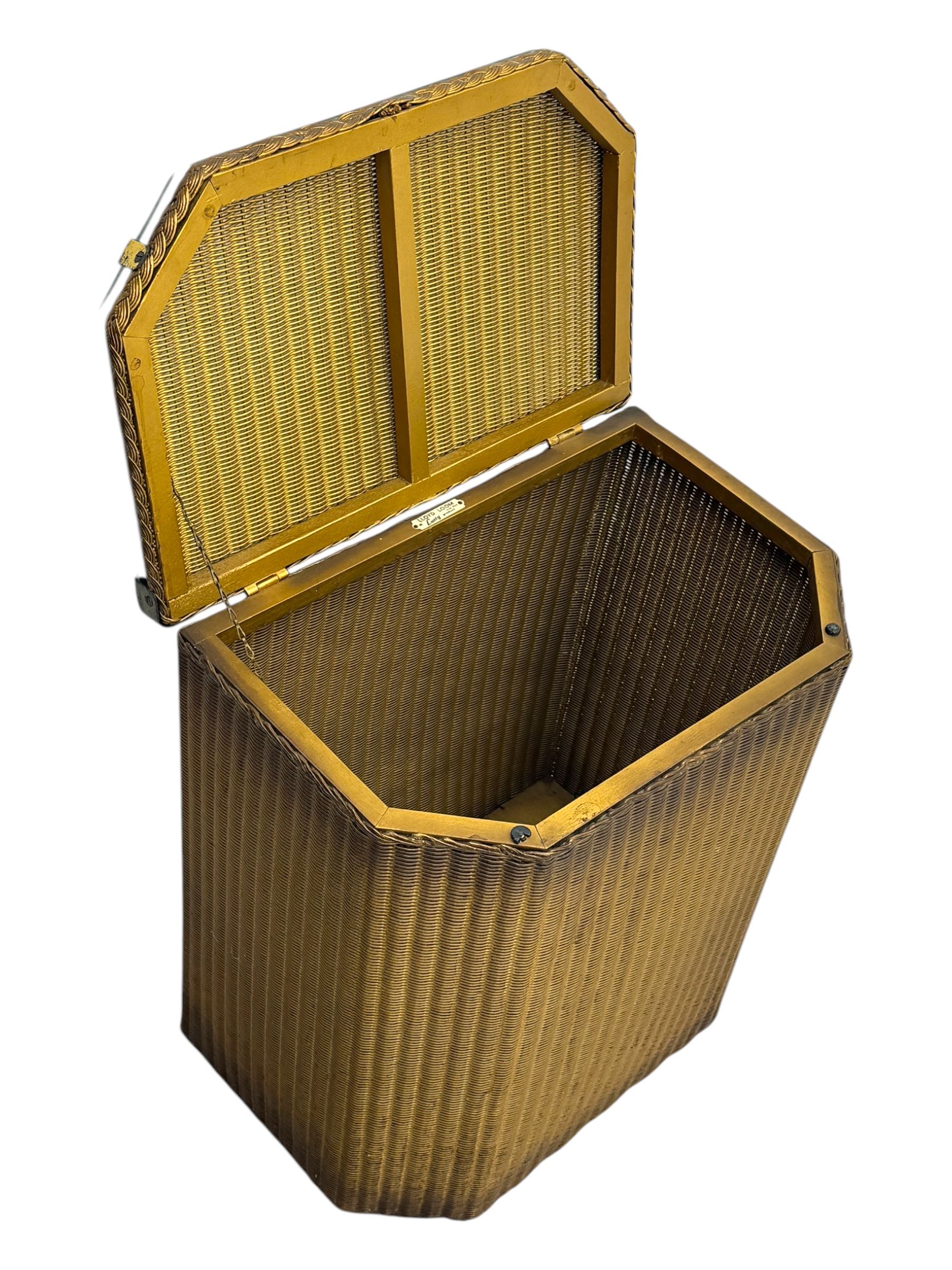 Lloyd Loom - mid-20th century 'Lusty' wicker laundry basket, hexagonal form with gilt painted finish, hinged top with glass insert