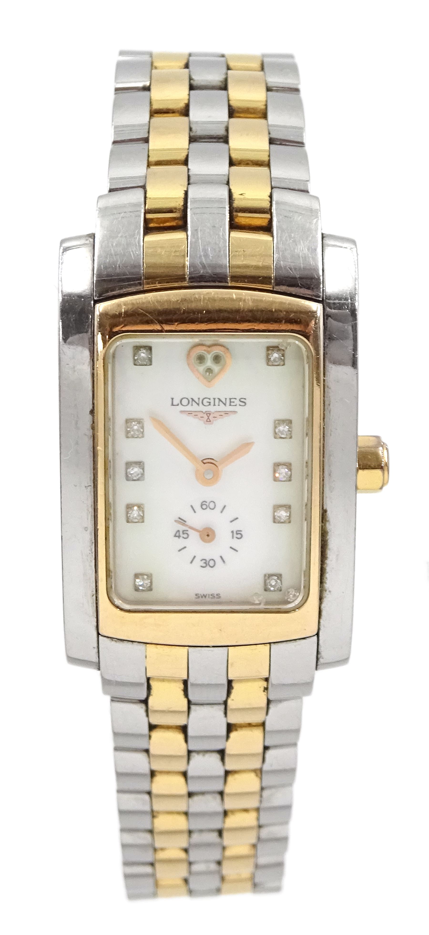 Longines DolceVita ladies stainless steel and gold quartz wristwatch, Ref. L5.155.5, mother of pearl dial with diamond hour markers and diamond set heart and 12 o'clock