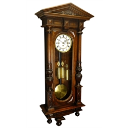  19th century walnut Vienna type wall clock, Architectural case with angular pediment and fluted columns, triple train Grand Sonnerie movement striking the quarter hours on coils with pull repeat, numbered 10396, H122cm  