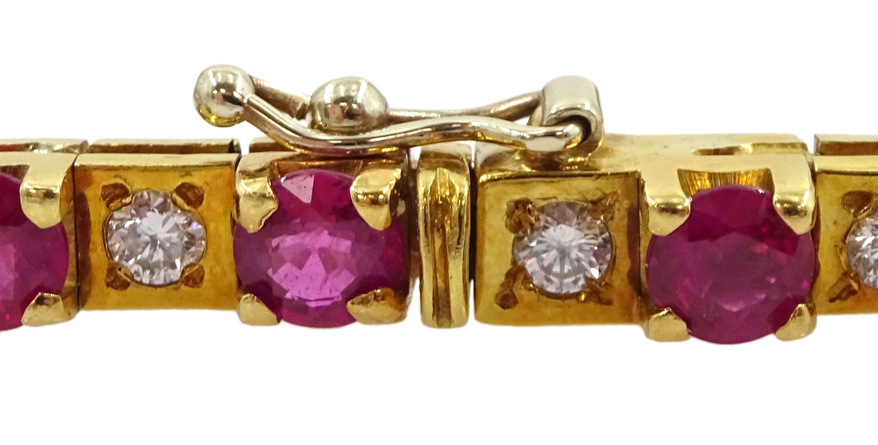 18ct gold ruby and round brilliant cut diamond bracelet, stamped 750, total ruby weight approx 5.75 carat