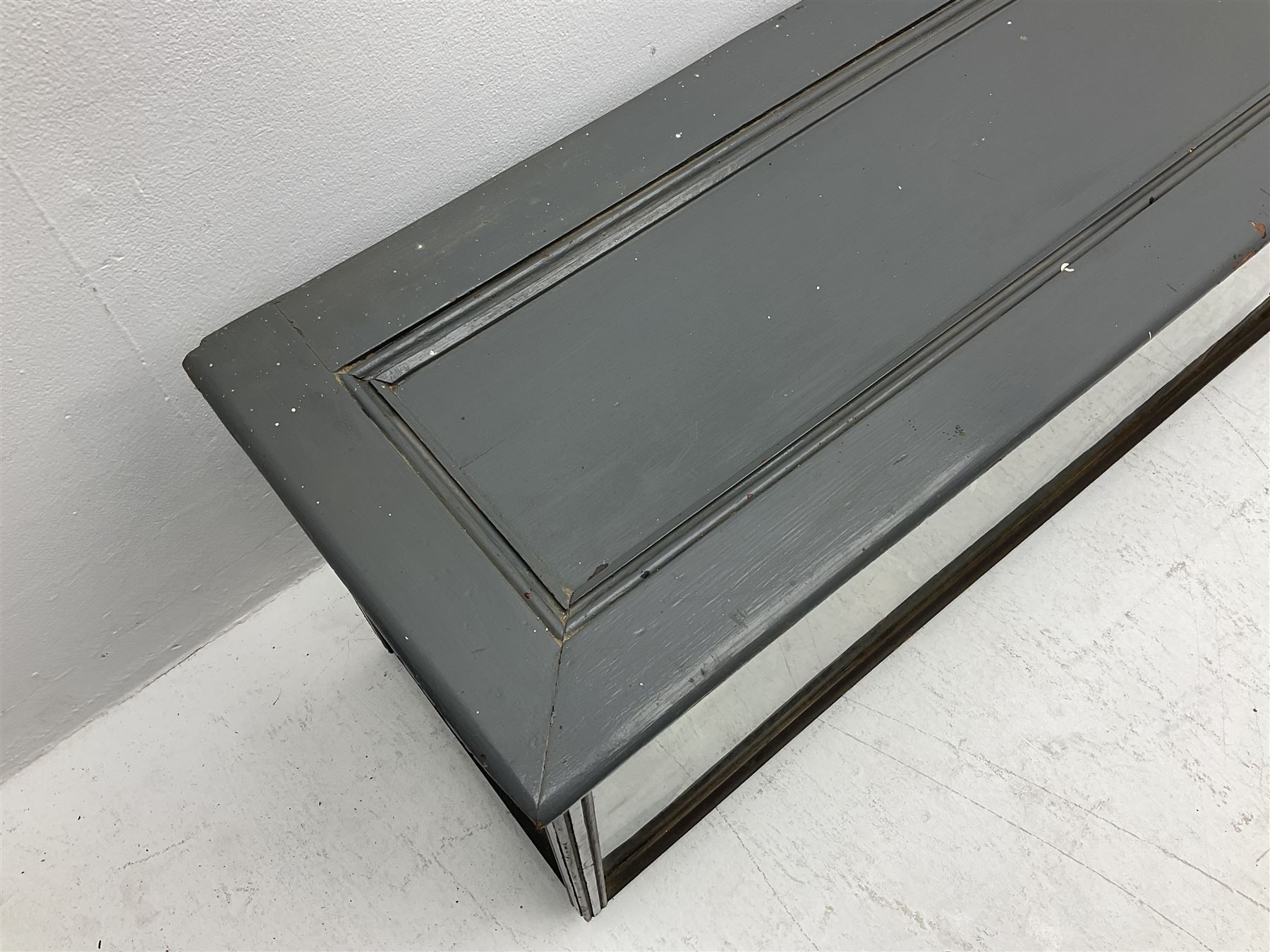 Taxidermy: 19th century cased display Red Fox (Vulpes vulpes) with pray, weasels (Mustela), Great Crested Grebe (Podiceps cristatus), and other birds in a naturalistic setting against a painted backboard, encased within an ebonised three pane display case, H56cm D38cm W113cm