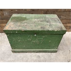 19th century green painted pine carpenters tool chest, mahogany lined fitted interior with adjustable sliding fitted compartments