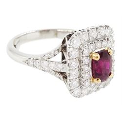 Platinum ruby diamond cluster ring, single oval cut ruby  in a four claw 18ct rose gold setting of approx 1.02 carat, surrounded by two rows of round brilliant cut diamonds and split diamond set shoulders, London 2017, total diamond weight approx 0.76 carat, with Alan Poultney Gems report