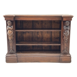 19th century oak bookcase, moulded reverse breakfront top over two adjustable shelves flanked by classical carved putti pilasters, stepped moulded plinth base, W135cm, H98cm, D42cm