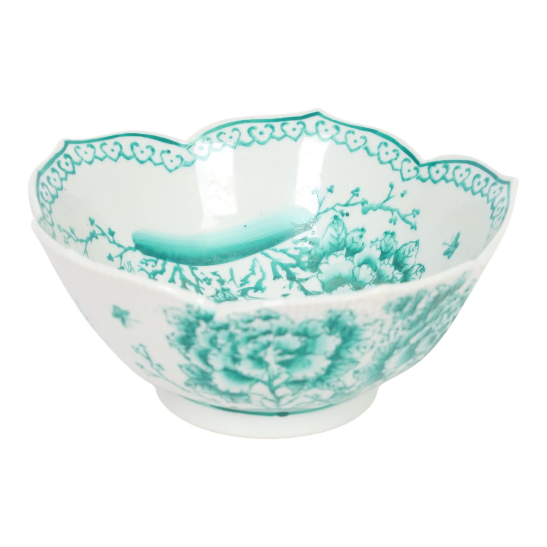 20th century Chinese bowl, of circular form with lobed lotus style rim, decorated in bright green enamel with peony blossoms, butterflies and birds, to the exterior and interior, with iron red seal mark to base, H9cm D20cm