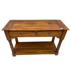 Hardwood console table, fitted with two drawers, turned supports joined by under-tier