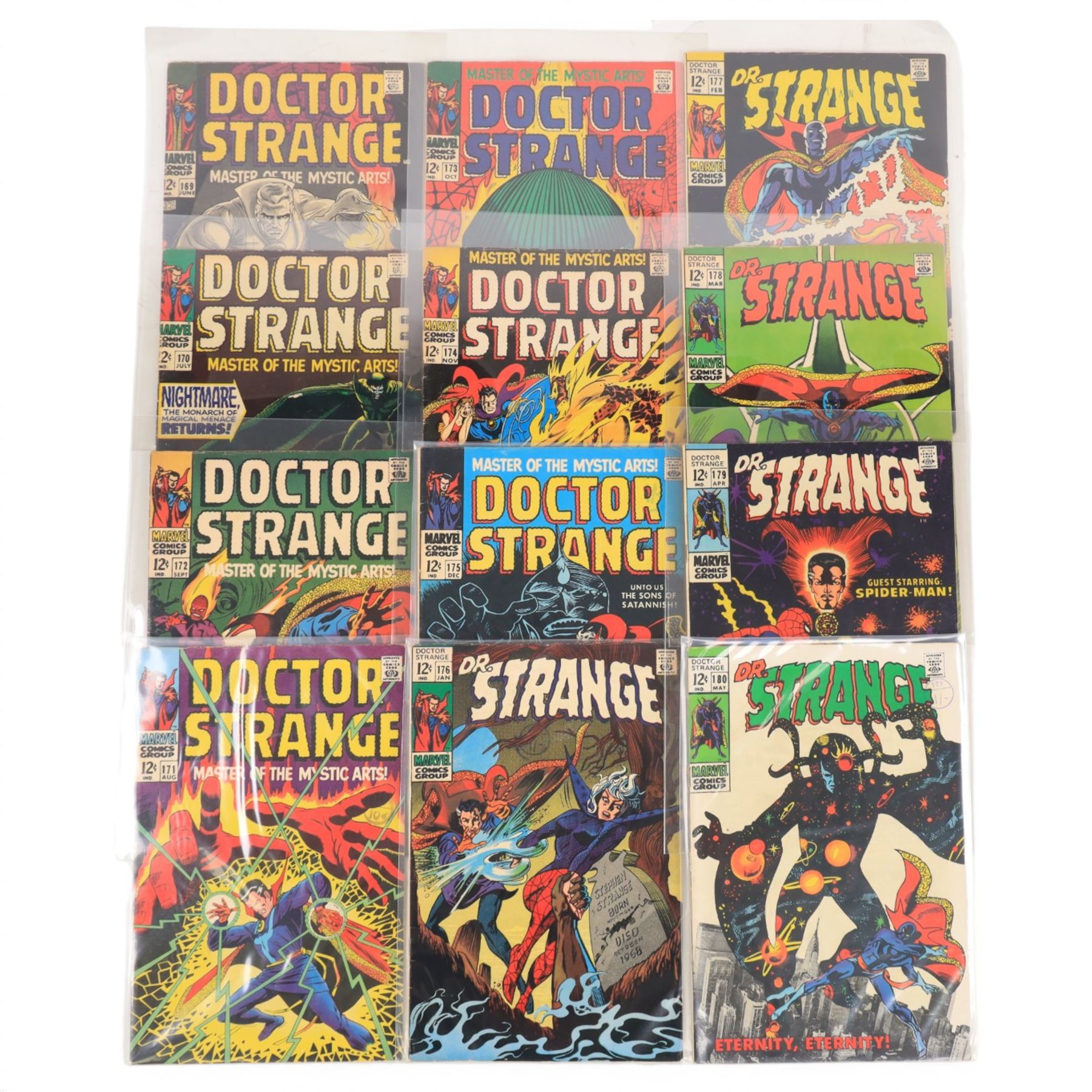 Twenty-one Marvel Silver and Bronze Age 'Doctor Strange' comics, spanning years 1968-1974, comprising volume #1 issues #169-#183, and six 1974 'Doctor Strange Mystic of the Dark Arts' issues #1-#6