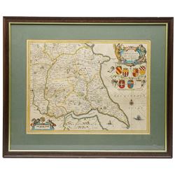 Johannes (Joan) Blaeu (Dutch 1596-1673): 'Ducatus Eboracensis Pars Orientalis - the Eastriding of Yorkeshire (East Riding of Yorkshire)', 17th century engraved map with hand-colouring 39cm x 51cm