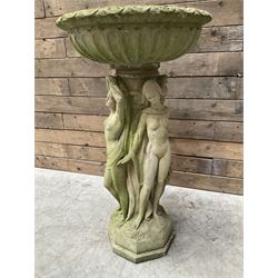 Cast stone bird bath, pedestal in the form of 'The Three Graces'
