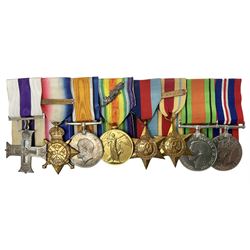 WW1/WW2 Military Cross group of eight medals comprising M.C., 1914 Star with 5th Aug.-22nd Nov.1914 clasp, British War Medal and Victory Medal with MID oak leaves awarded to Lieut. (later Lieut./Col) F.C. Davidson R.A.M.C., 1939-1945 Star, Africa Star with 1st Army clasp, 1939-1945 War Medal and Defence Medal; with single page copy of research material