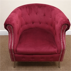  Chesterfield tub armchair, upholstered in a buttoned aubergine velvet, tapering chrome supports, W83cm  