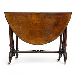 Victorian figured walnut Sutherland table,  oval drop-leaf top with figured veneer, on rin...