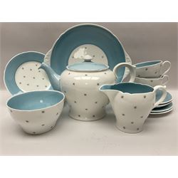 Shelly Pole Star pattern tea service for five comprising teapot, milk jug, open sucrier, cups and saucers, dessert plates and one cake plate 