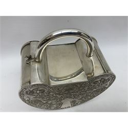 Silver plated, tea caddy, in the form of a heart, with repousse decoration, presented to H Whitcombe, H20cm