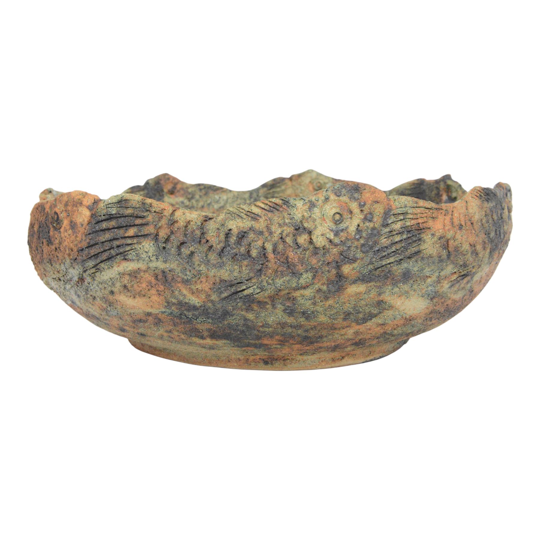 Studio pottery bowl, textured bowl with fish to the rim, with indistinct potters mark to base, H14cm, 38cm