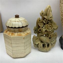 Collection of hardstone and soapstone, including hardstone seal carved temple dogs finial, inscription on base, together with inkwells, vases etc  