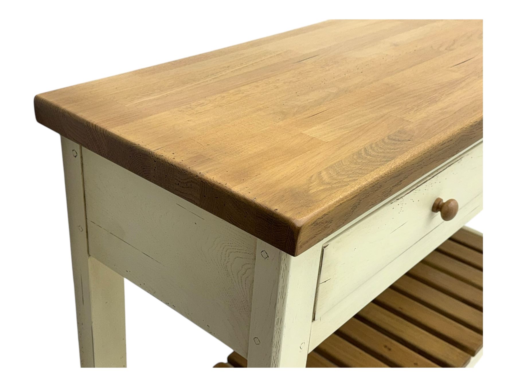 Fired Earth - contemporary Bastide style console table, oak top over cream painted frame fitted with two drawers and turned wooden handles, above a slatted oak undertier, raised on square supports