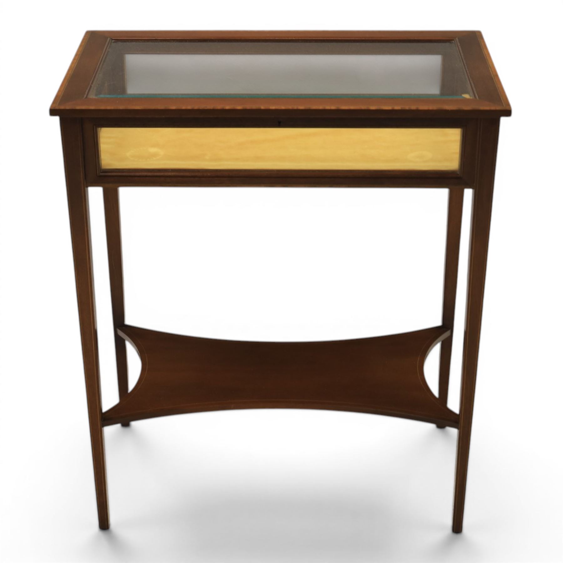 Edwardian inlaid mahogany bijouterie display table, square tapering supports inlay, orange baize lining shaped undertier