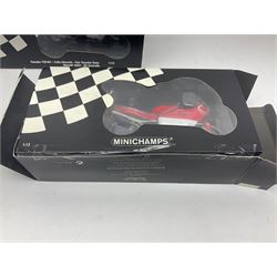 Three Minichamps 1:12 scale die-cast motorcycles - Yamaha YZR 500 Max Biaggi 2000; Yamaha YZR-M1 Colin Edwards Fiat Yamaha Team MotoGP 2007 GP Australia; and Yamaha YZR 500Team Yamaha Max Biaggi 500ccGP 2001; all boxed (3)