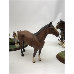 Three Beswick horses comprising: 'The Winner' no. 2421,  Shire Horse and Dale Pony (a/f), Border Fine Arts group 'Feeding Piglets' A5030, Beswick Beatrix Potter figure,  set of six Royal Doulton birds on stand etc 