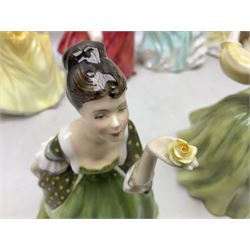 Nine Royal Doulton figures, to include Sarah HN3380, Emily HN4093, Autumn Breeze HN1934, Sarah HN3384, Fleur HN2368 etc  