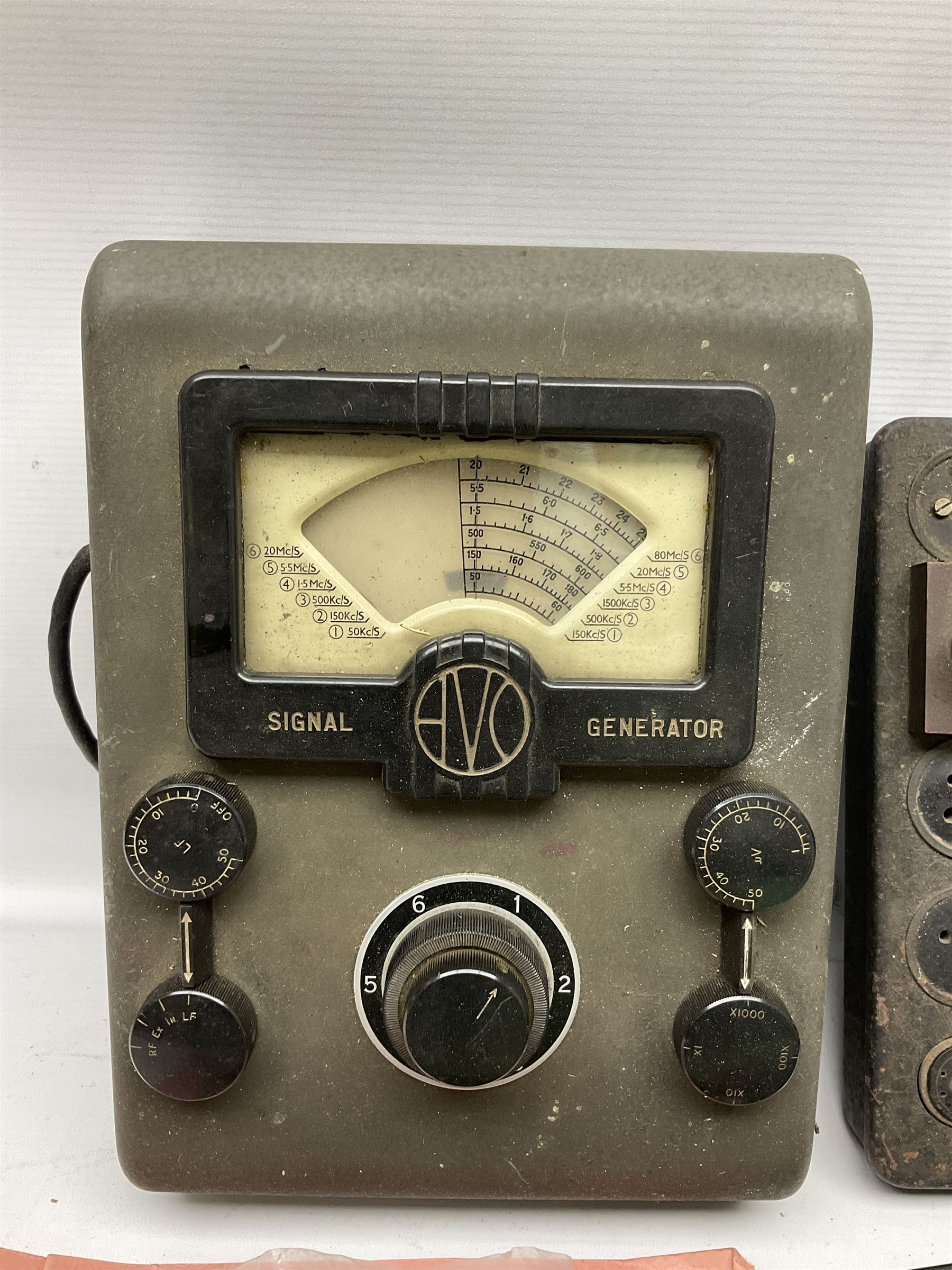 AVO valve tester, British Patent 480752 by the Automatic Coil Winder & Electrical Equipment Co Ltd, together with 16-type plug board with connecting lead, AVO wide range signal generator with original instruction manural and AVO multimeters mk2 and mk4 etc