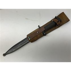 Swedish Eskilstuna Jernmanufactur AB M1896 Mauser knife bayonet with 21cm steel blade and machined steel grip; in metal scabbard with leather frog, numbered 799/766 L35cm overall; and Enfield 1907 Model SMLE bayonet by Wilkinson in metal mounted leather scabbard