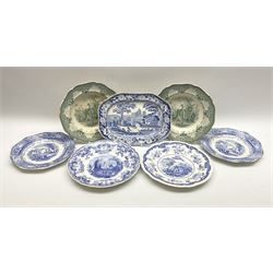 A pair of John Ridgway soup bowls, transfer printed in green with the Giraffe pattern, together with a group of other 19th century blue transfer printed wares, including a pair of Walmer pattern dinner plates. 