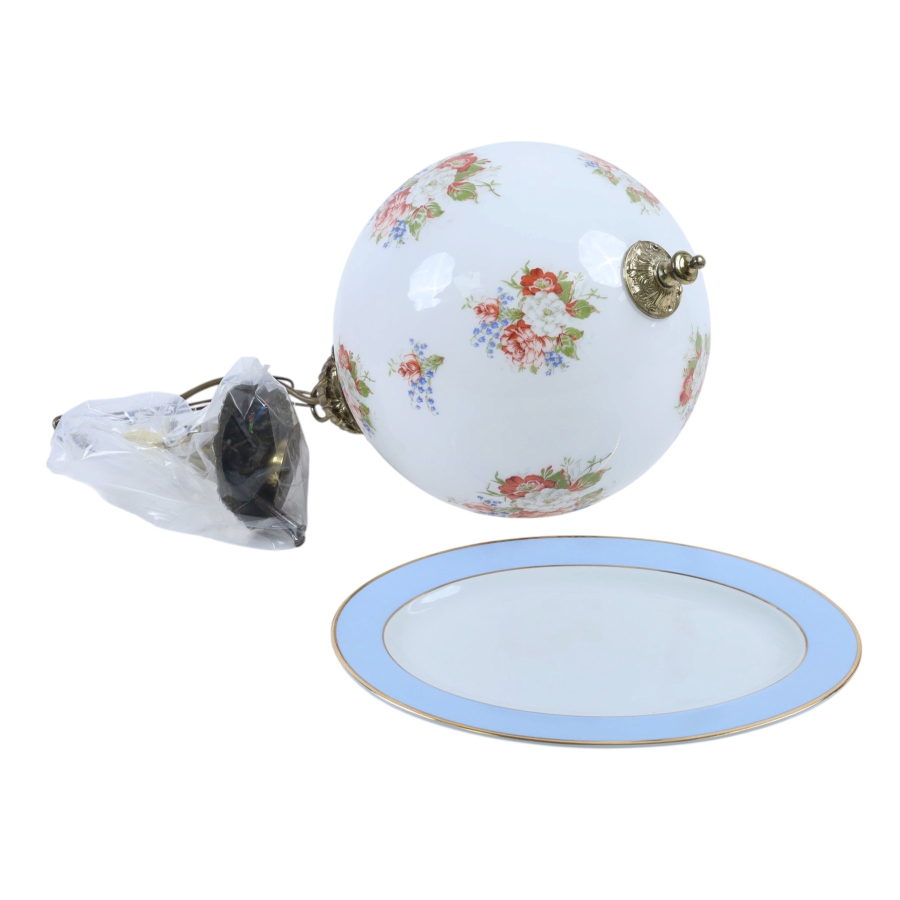 Glass ceiling light, decorated with flowers, together with serving plate  