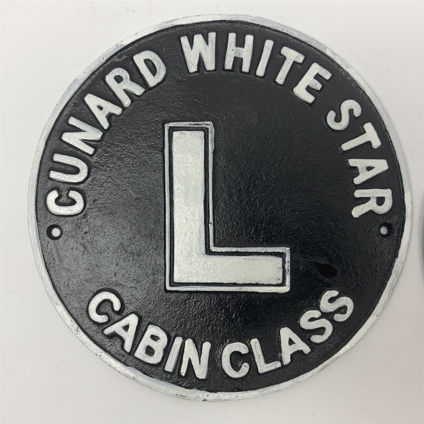 Pair of reproduction cast iron Cunard White Star signs, D25cm 